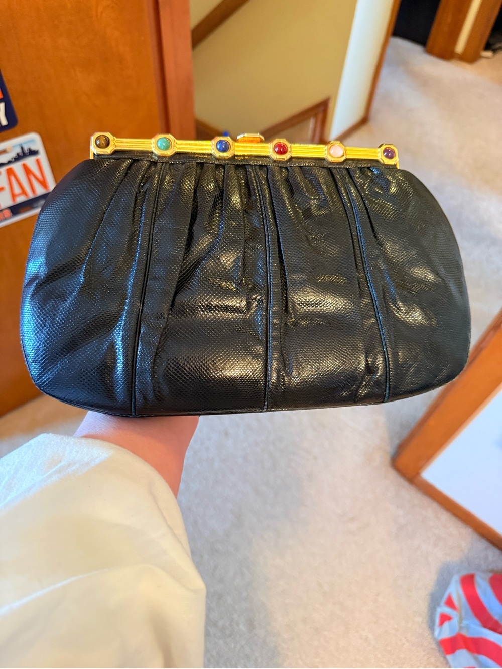Judith Lieber snakeskin vintage clutch w/ shoulder strap. 1985